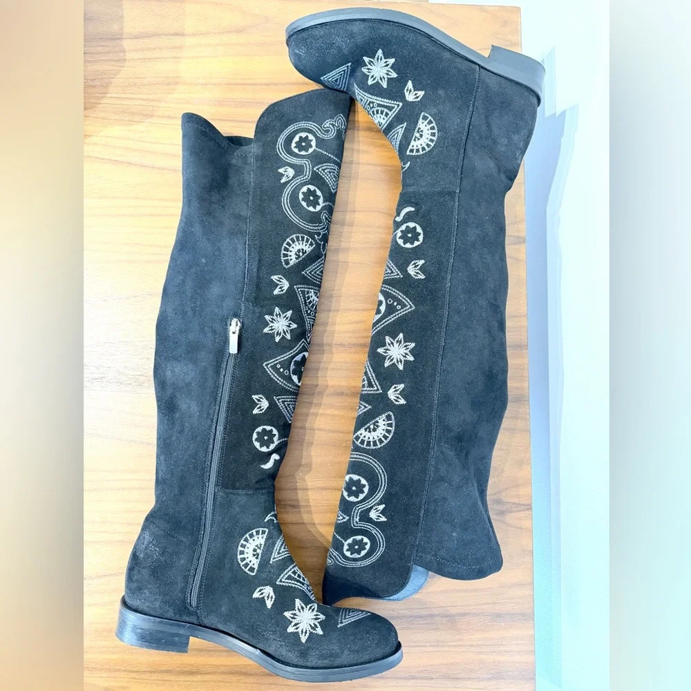 Sundance Suede Black Embroidered OTK tall boots